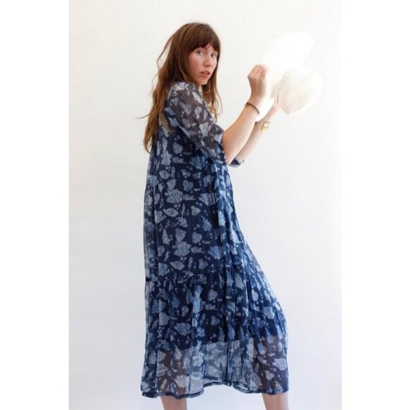 đź’•RAQUEL ALLEGRAđź’• Peasant Tiered Dress ~100% Silk Navy Blue Print Medium - Picture 6 of 16